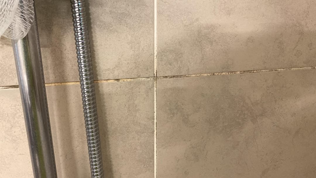 Before restoration: shower wall grout with staining around tile joints
